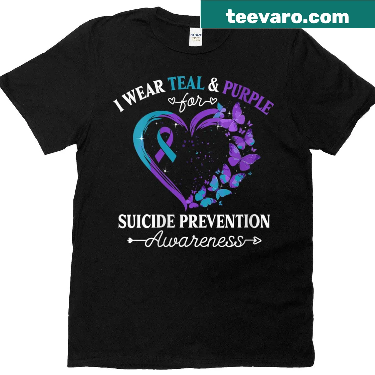 Teal and purple tee promoting suicide prevention awareness for women — on a men's t-shirt