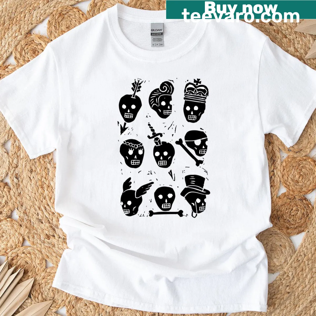 Edgy t-shirt featuring a black and white skull pattern inspired by wood carving — on a men's t-shirt