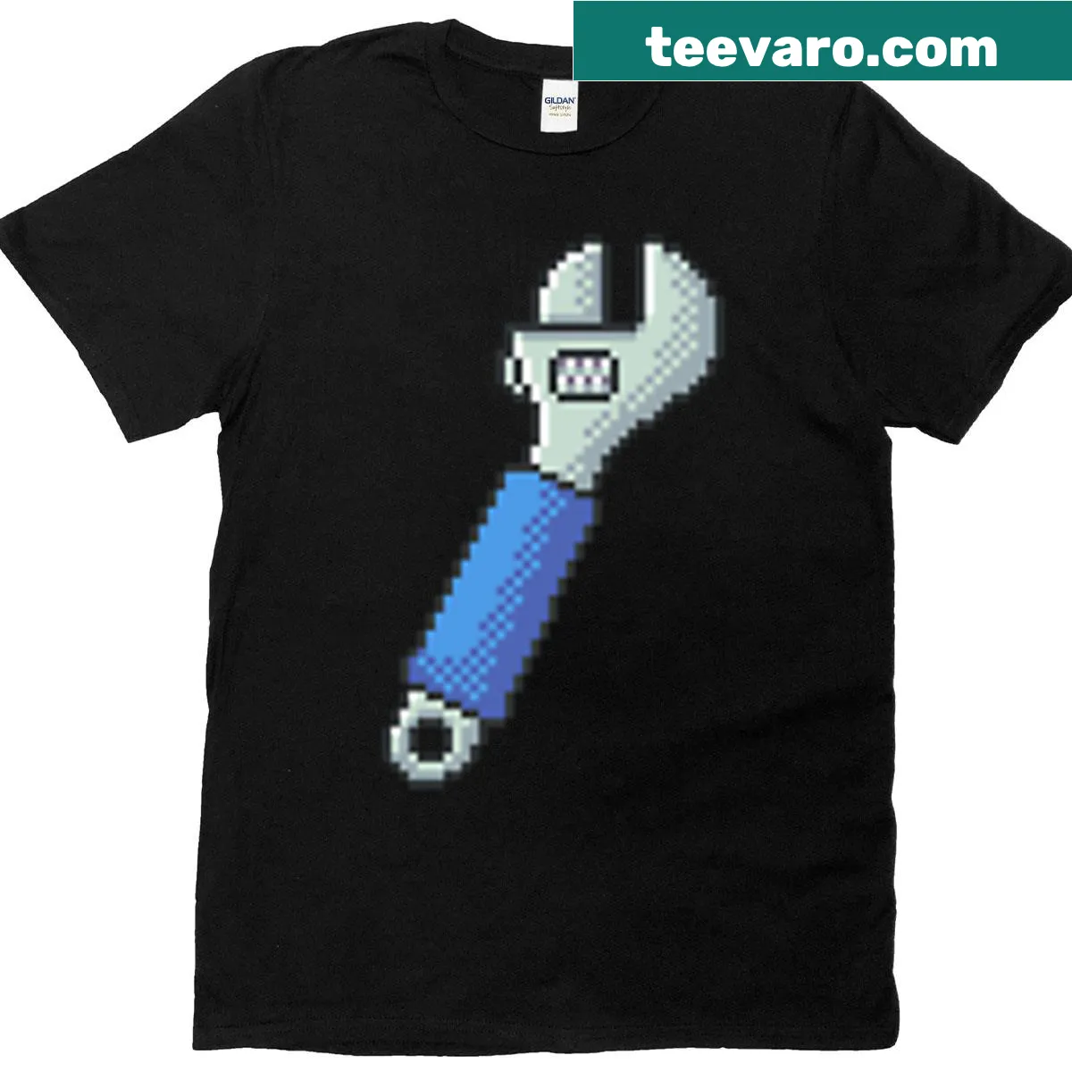 Pixel art wrench design on a mechanic-themed T-shirt — on a men's t-shirt