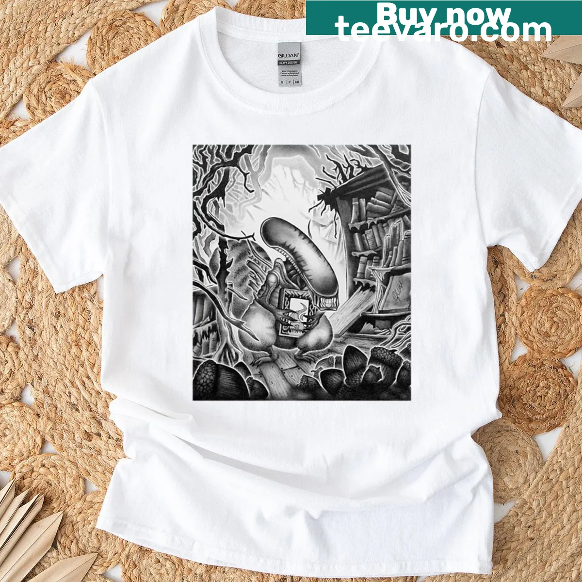 Cartoon T-shirt featuring a squirrel inspired by Xenomorph design — on a men's t-shirt