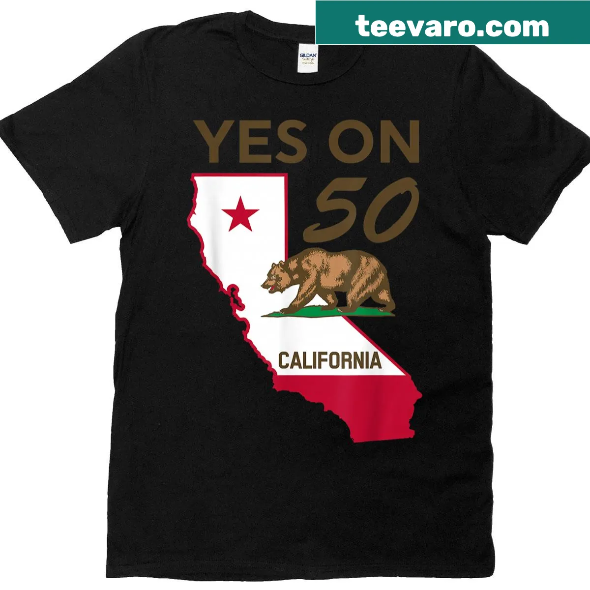 California bear graphic T-shirt supporting Yes On 50 — on a men's t-shirt
