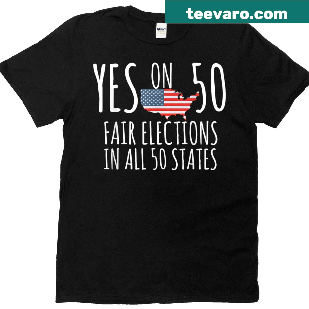 Playful 'Yes On 50' t-shirt with flag design promoting fair elections — on a men's t-shirt