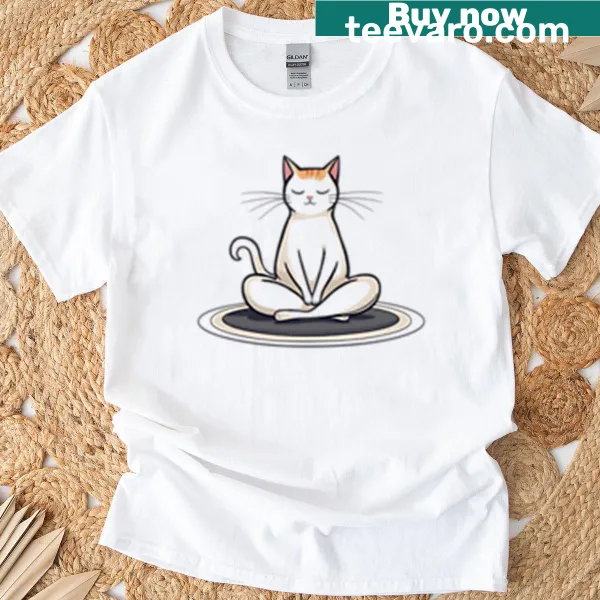 Illustration of a yoga cat in a meditative pose on a T-shirt