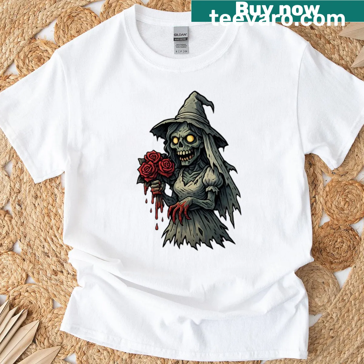 Zombie bride in a torn dress with bloody roses illustration on a t-shirt — on a men's t-shirt