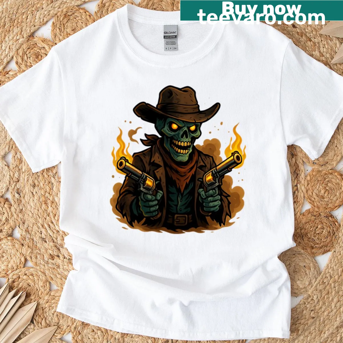 Zombie cowboy gunslinger with glowing revolvers — on a men's t-shirt