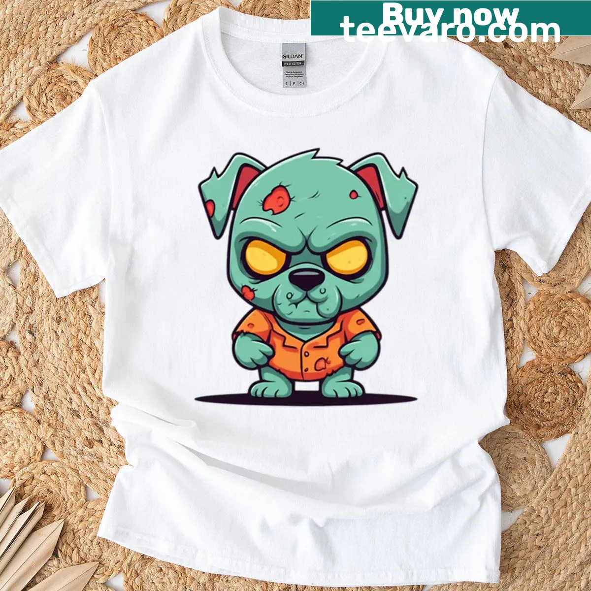 Cute zombie dog illustration t-shirt perfect for Halloween — on a men's t-shirt