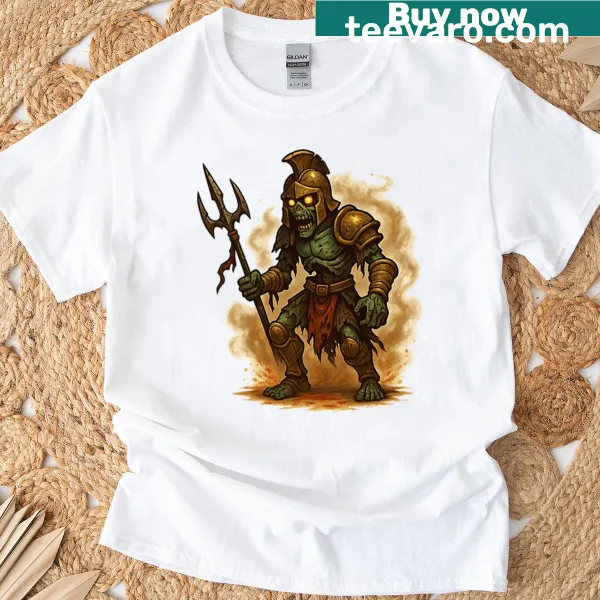 Zombie gladiator T-shirt featuring a broken trident