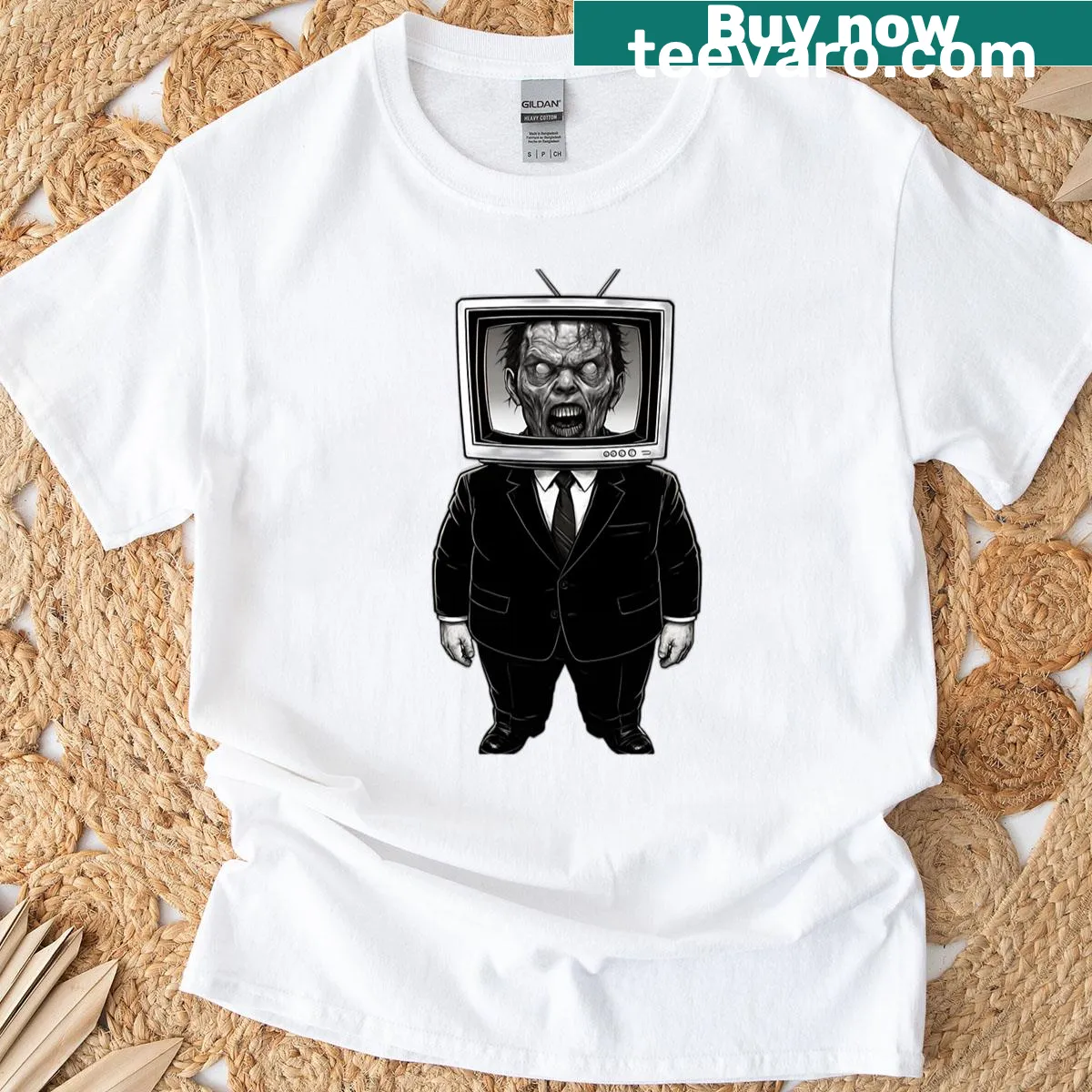 Zombie in suit with a television head in a cartoon style — on a men's t-shirt