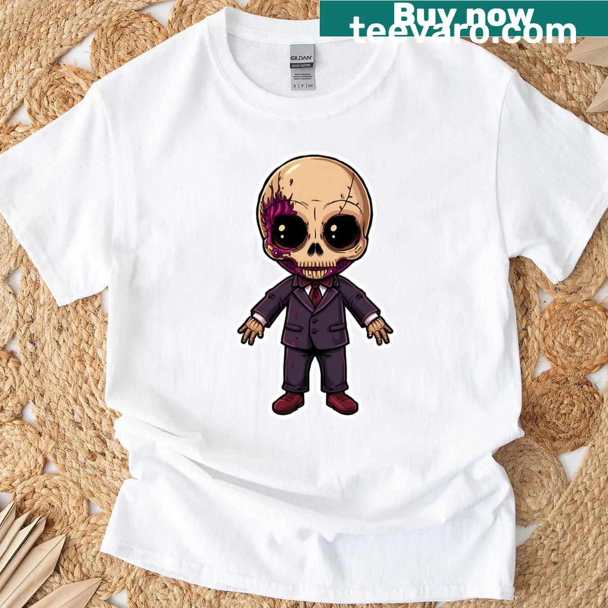 Creepy zombie kid Halloween artwork graphic t-shirt — on a men's t-shirt