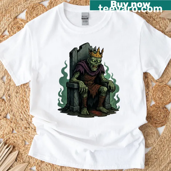 Zombie King on a cracked throne with glowing eyes illustration