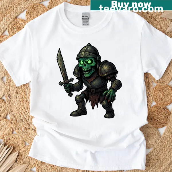 Zombie knight in rusty armor with glowing skull graphic t-shirt
