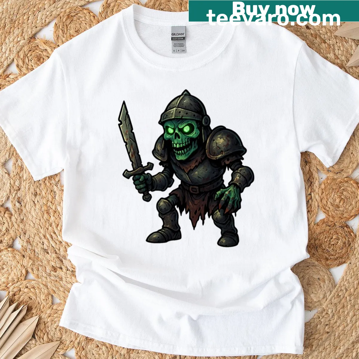 Zombie knight in rusty armor with glowing skull graphic t-shirt — on a men's t-shirt