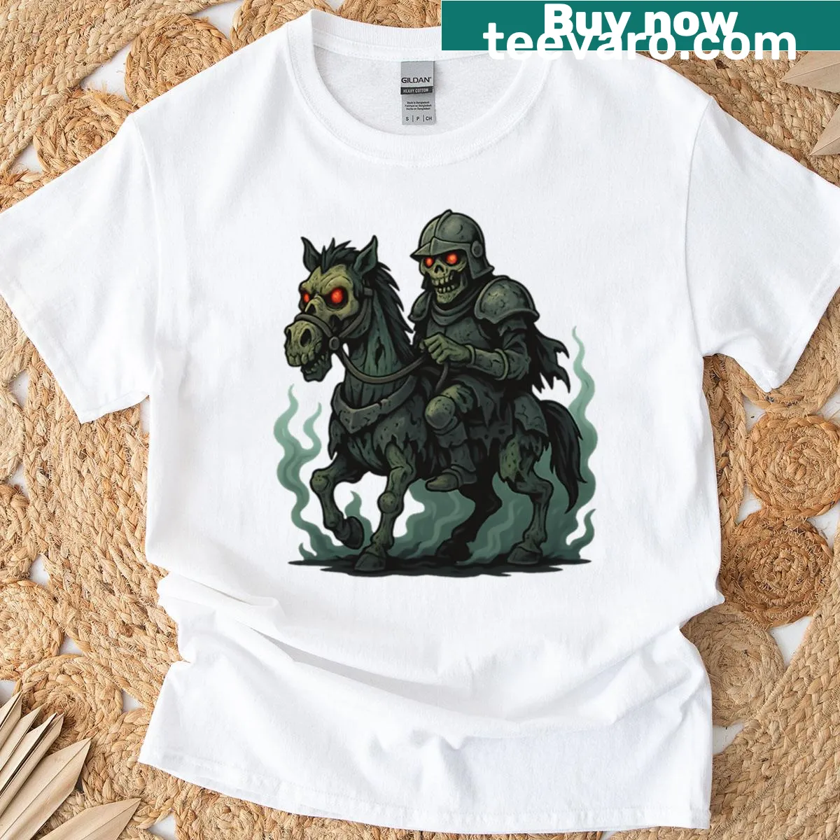 Illustration of a zombie knight on an undead horse with glowing eyes. — on a men's t-shirt