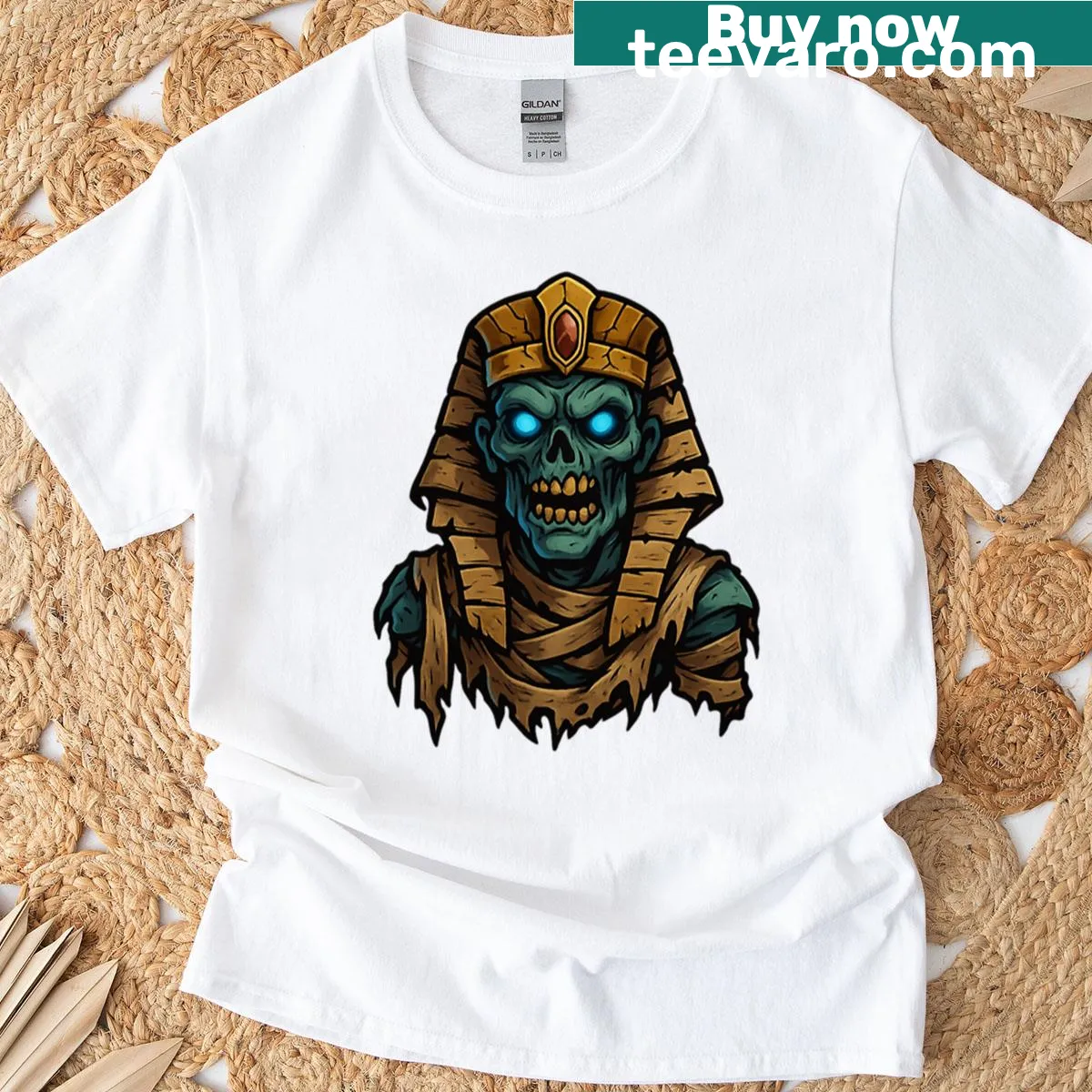 Zombie pharaoh mummy with glowing eyes graphic — on a men's t-shirt