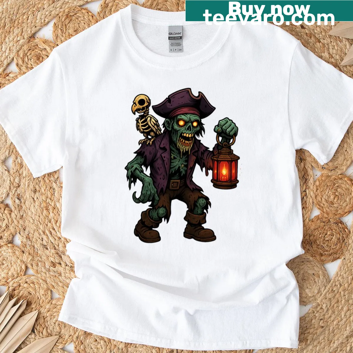 Zombie pirate T-shirt featuring a skeletal parrot and red lantern — on a men's t-shirt