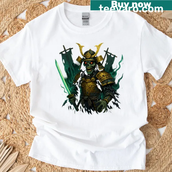 Zombie samurai shogun with glowing katana graphic on t-shirt