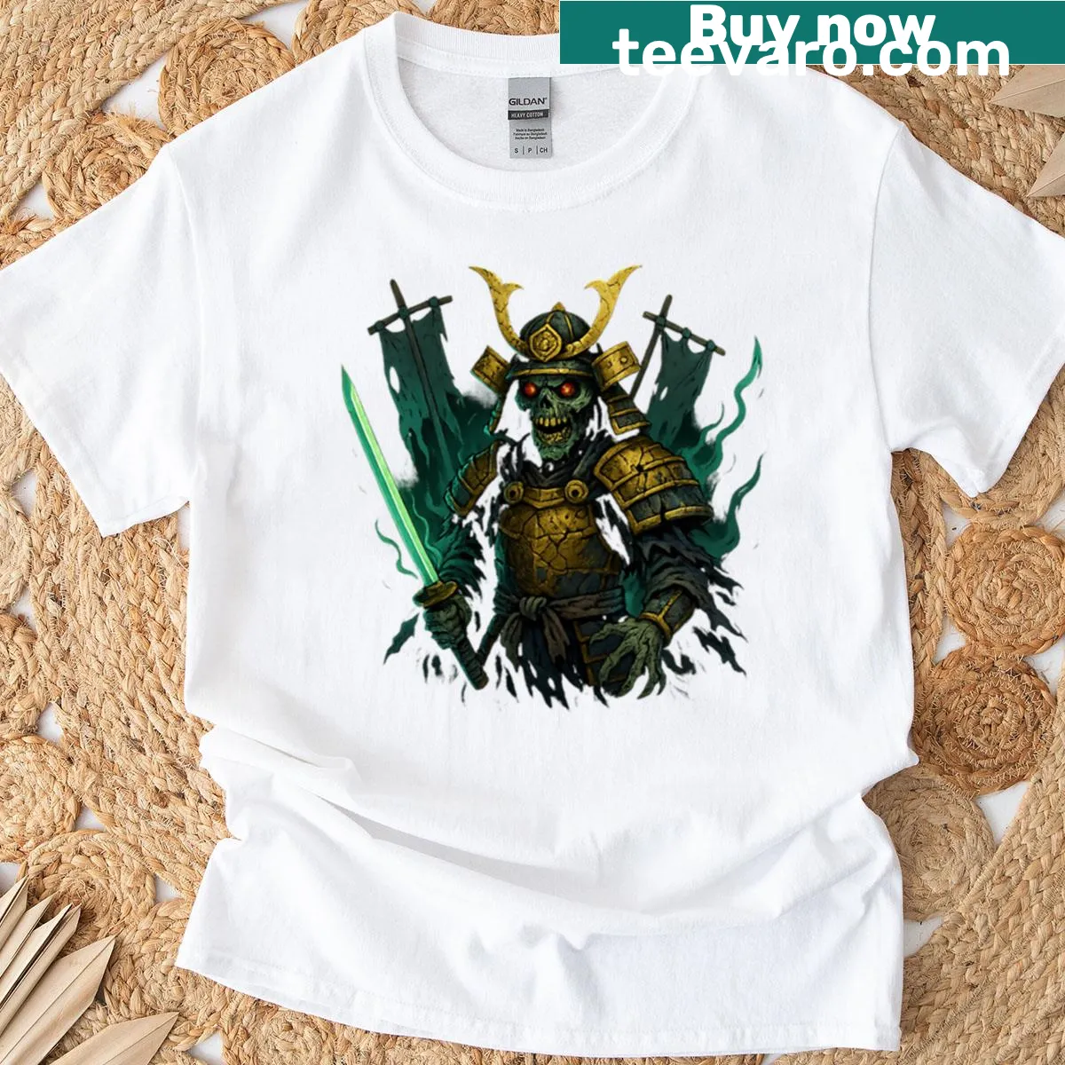Zombie samurai shogun with glowing katana graphic on t-shirt — on a men's t-shirt