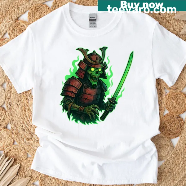 Zombie Samurai T-shirt with glowing katana and cracked armor