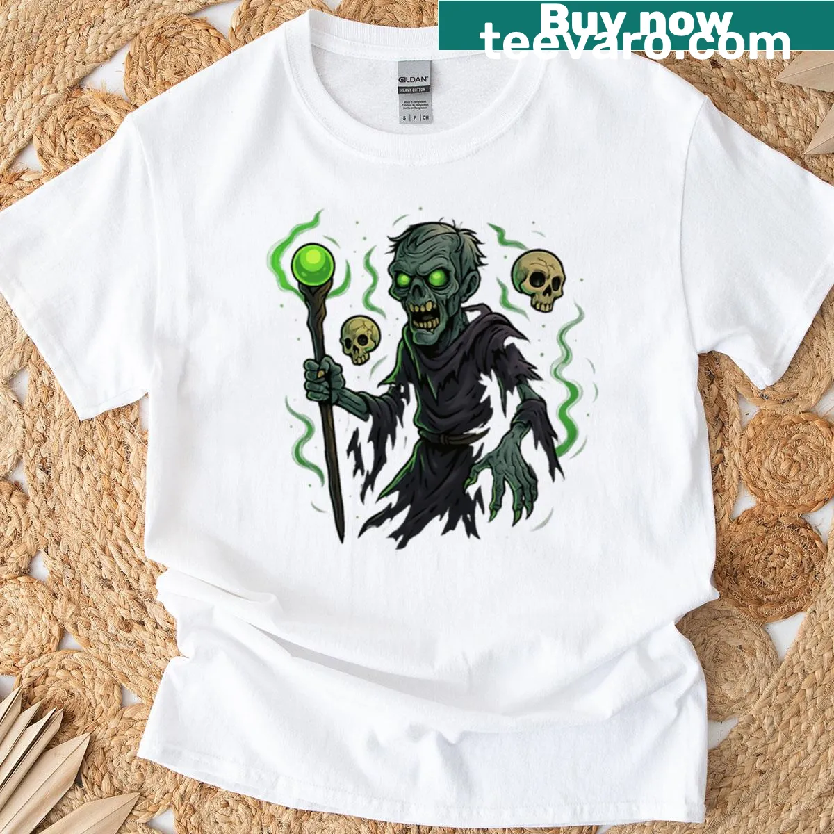 Oversized T-shirt featuring a zombie sorcerer with glowing staff — on a men's t-shirt