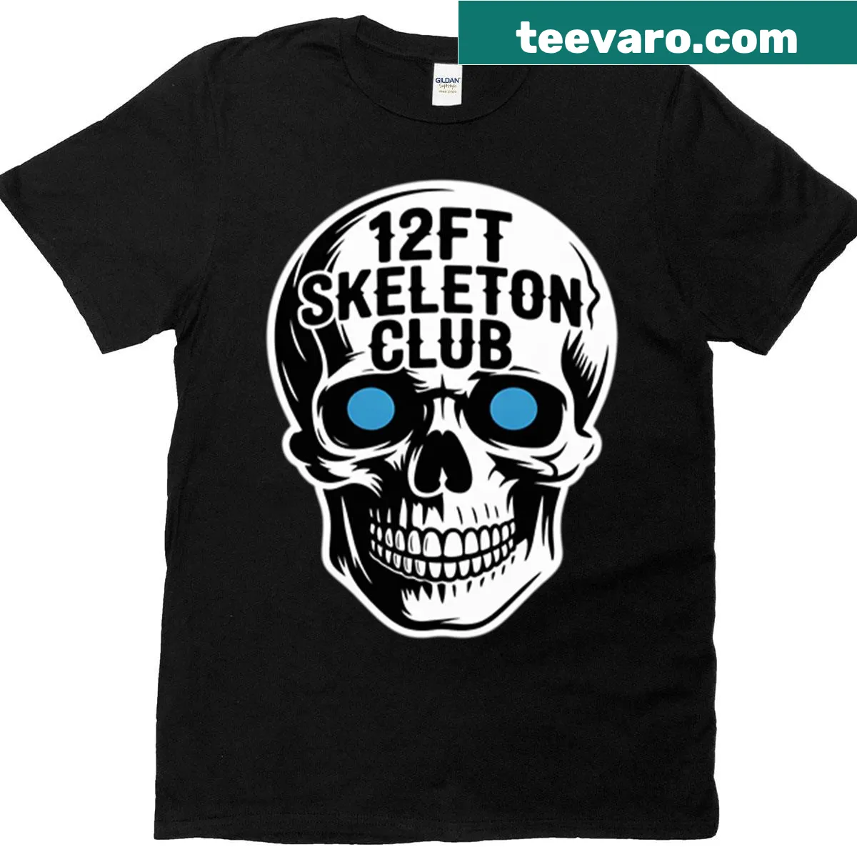 Spooky Halloween t-shirt with a 12ft skeleton and skull illustration — on a men's t-shirt