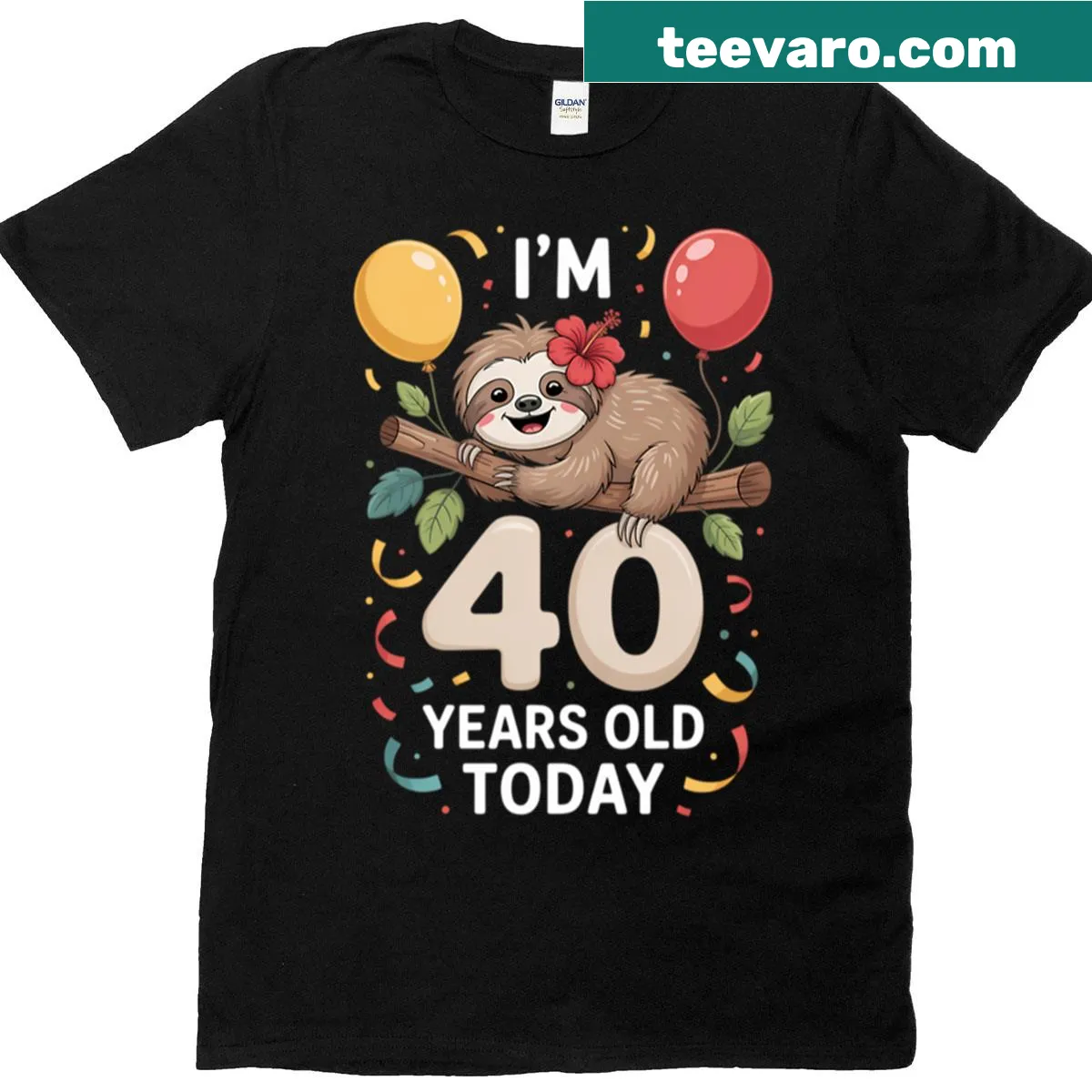 Funny sloth t-shirt for 40th birthday celebration — on a men's t-shirt