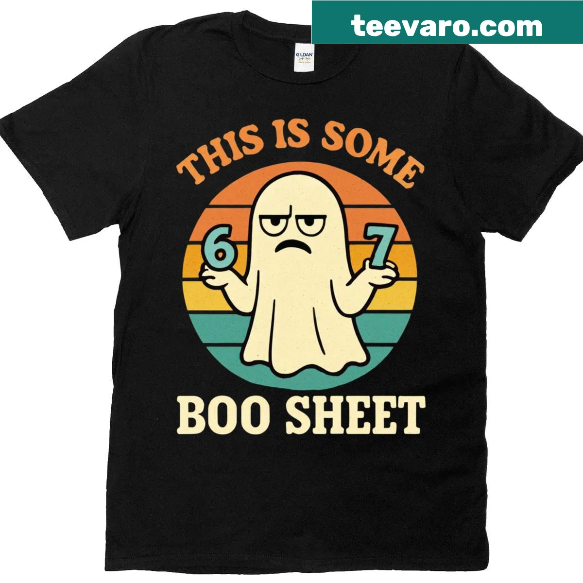 Funny Halloween T-shirt with 'This Is Some Boo Sheet' text — on a men's t-shirt