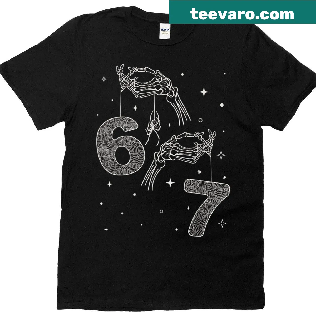 Funny T-shirt with skeleton hand graphic for Halloween — on a men's t-shirt