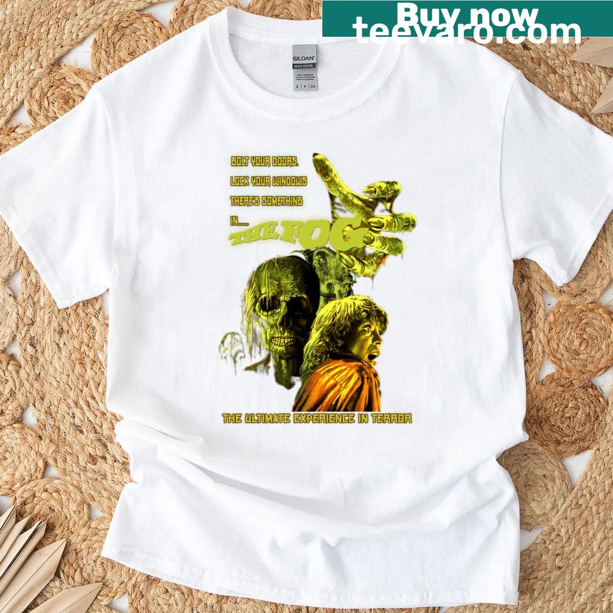 Vintage distressed horror movie t-shirt with retro ghosts and monsters — on a men's t-shirt