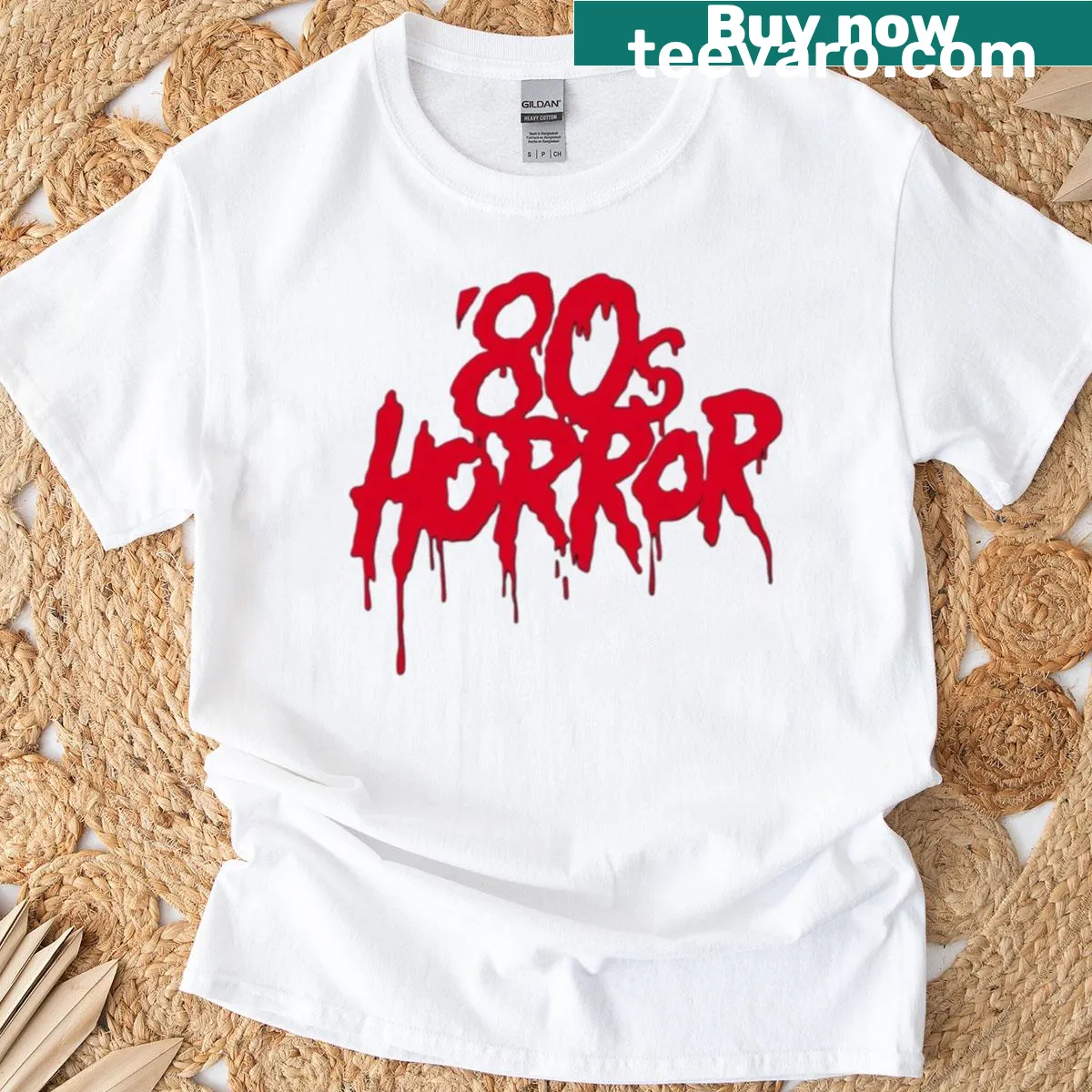 Vintage-style T-shirt featuring iconic horror motifs from the 80s. — on a men's t-shirt