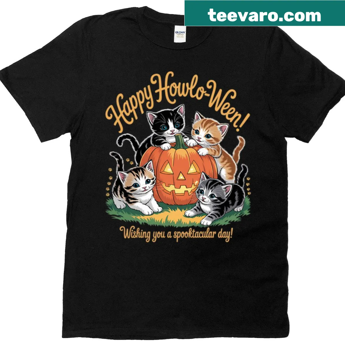 Cute cat and pumpkin Halloween t-shirt with floral design — on a men's t-shirt