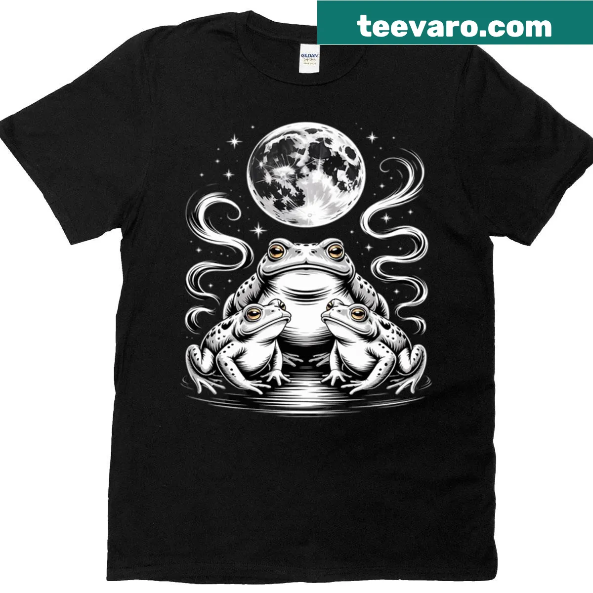 Whimsical t-shirt featuring three frogs howling at the moon — on a men's t-shirt