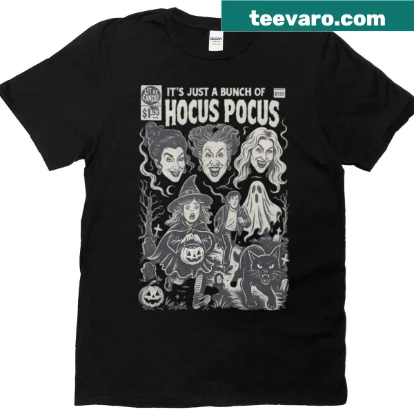 Vintage-style t-shirt featuring cartoon witches and Halloween themes