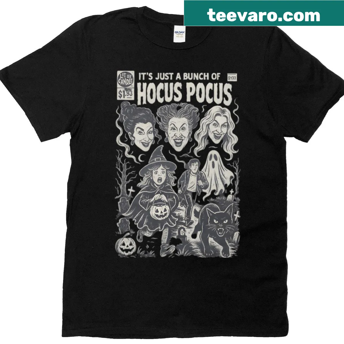 Vintage-style t-shirt featuring cartoon witches and Halloween themes — on a men's t-shirt