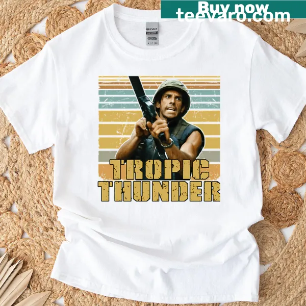 Satirical T-shirt about action films with humorous text.