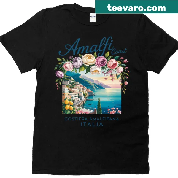 Illustration of Amalfi Coast scenery on a summer vacation t-shirt