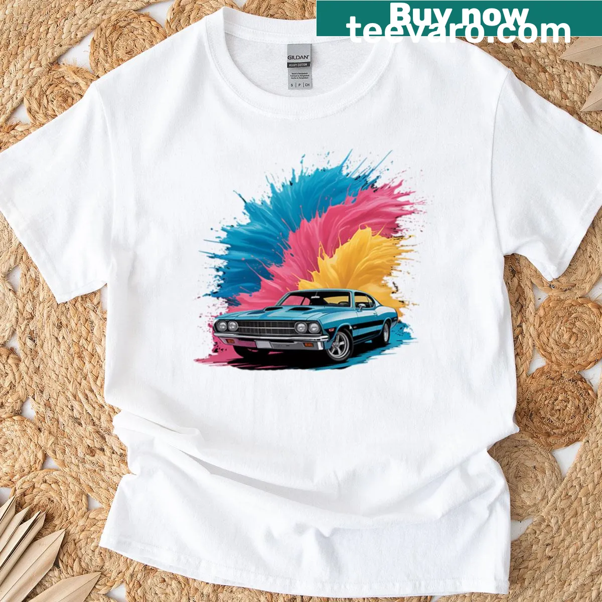 Pop art style T-shirt featuring an iconic C2 Corvette — on a men's t-shirt