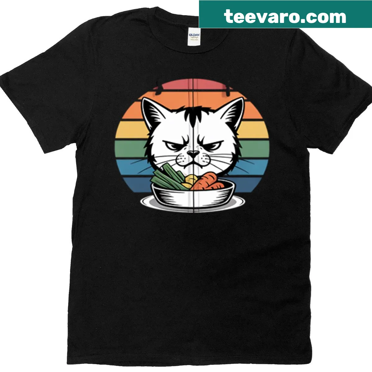 Meme graphic of angry woman and confused cat at dinner table — on a men's t-shirt