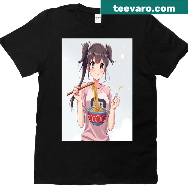 Anime girl illustration enjoying ramen on a cozy T-shirt
