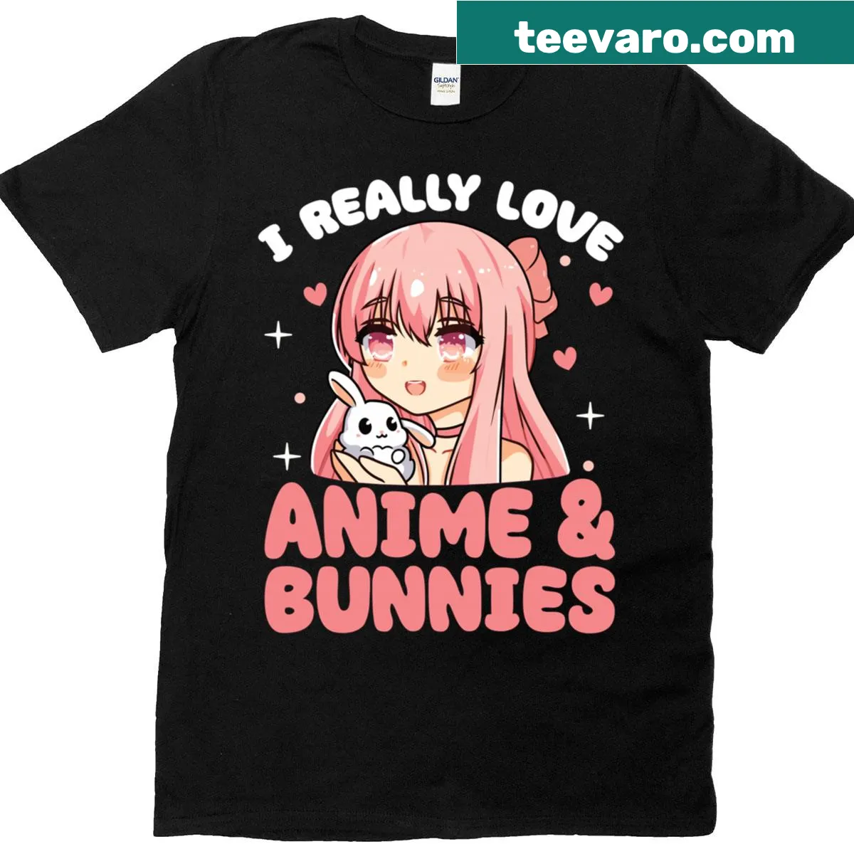 Kawaii anime girl with bunny ears graphic on the shirt — on a men's t-shirt