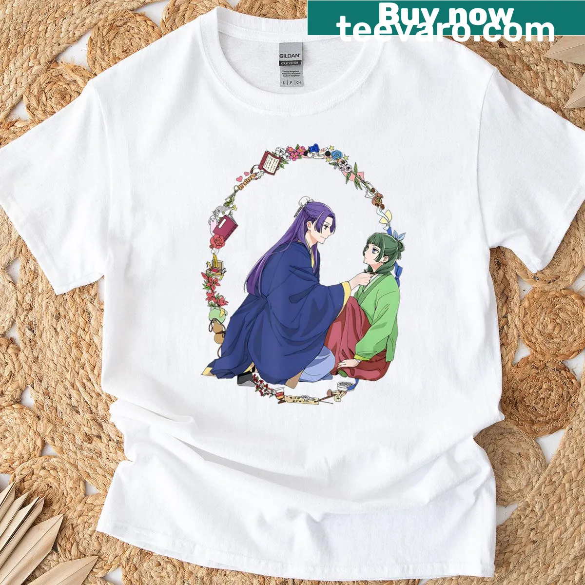 Illustrated herbal apothecary-themed t-shirt celebrating nature — on a men's t-shirt