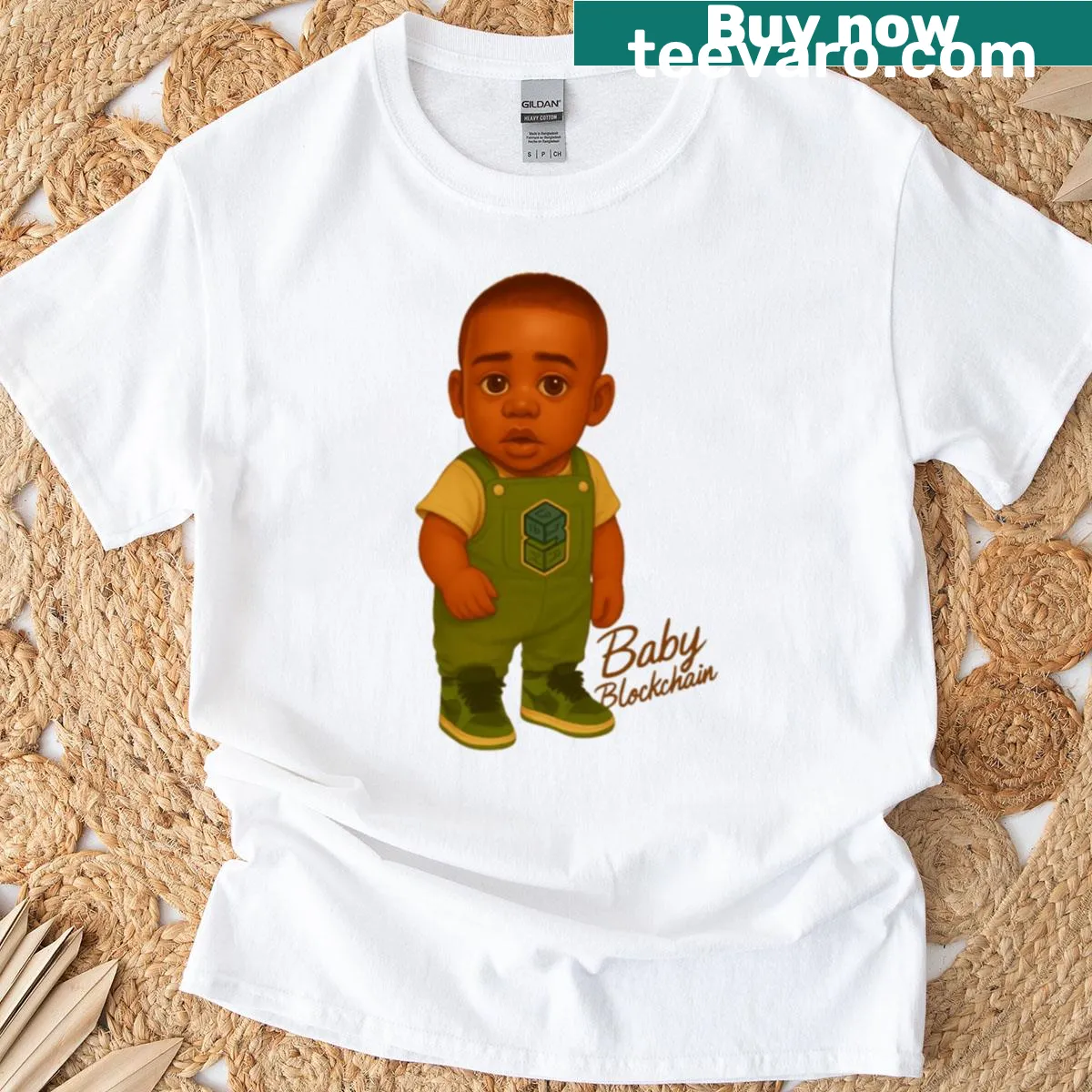 Adorable baby t-shirt featuring blockchain-themed illustrations — on a men's t-shirt