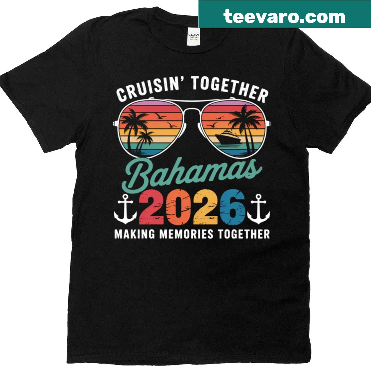 Family matching t-shirt with a tropical Bahamas cruise graphic — on a men's t-shirt