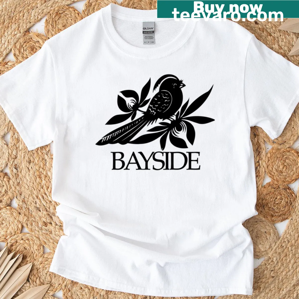 Bayside Band logo on a bold music-themed t-shirt — on a men's t-shirt