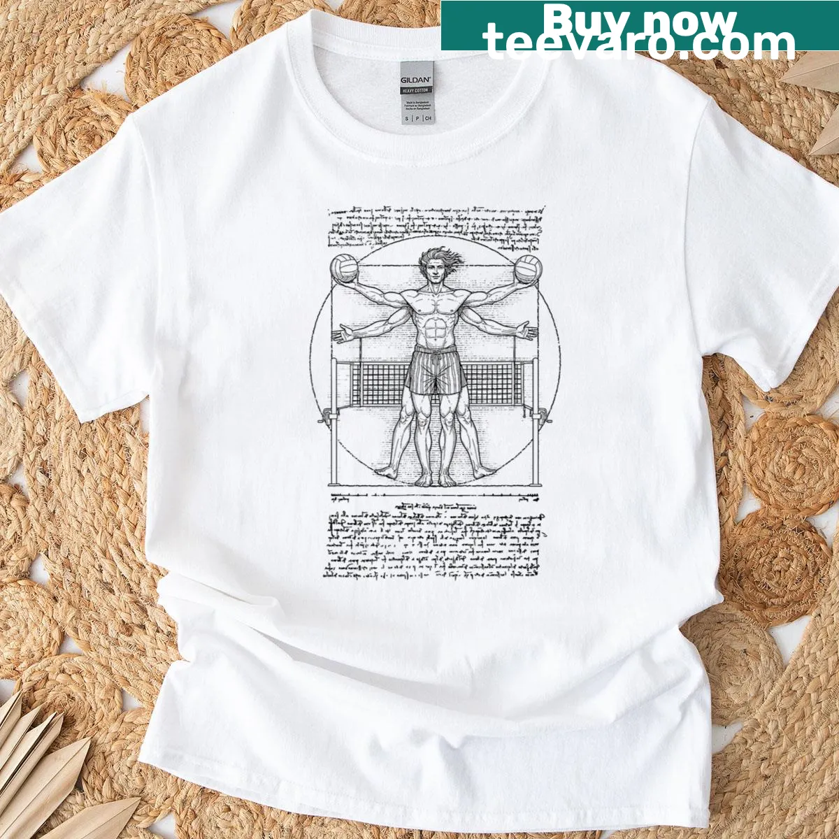 T-shirt featuring volleyball player design inspired by Vitruvian Man — on a men's t-shirt