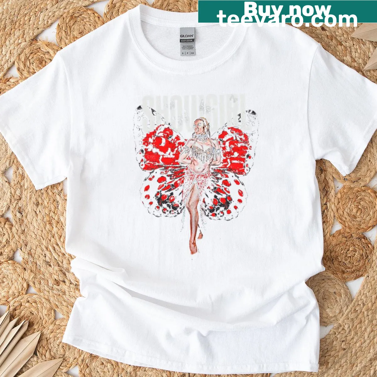 Illustrated showgirl t-shirt celebrating performance art — on a men's t-shirt