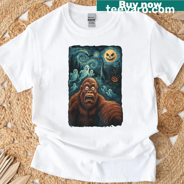 Bigfoot taking a selfie under a starry night with ghosts in a vintage style
