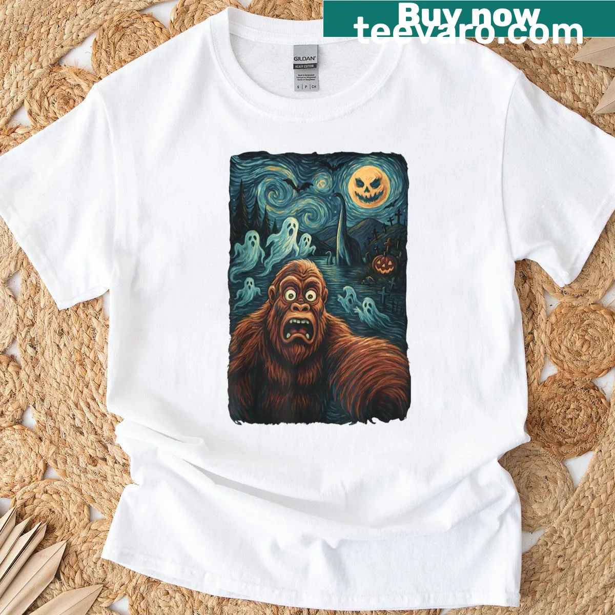 Bigfoot taking a selfie under a starry night with ghosts in a vintage style — on a men's t-shirt