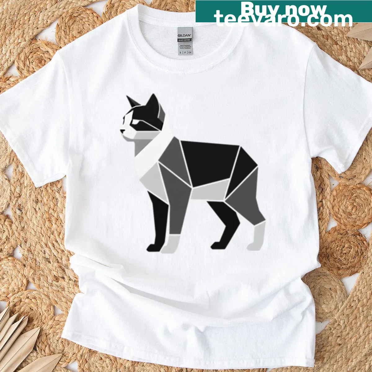 Minimalist geometric cat design in black and white on T-shirt — on a men's t-shirt
