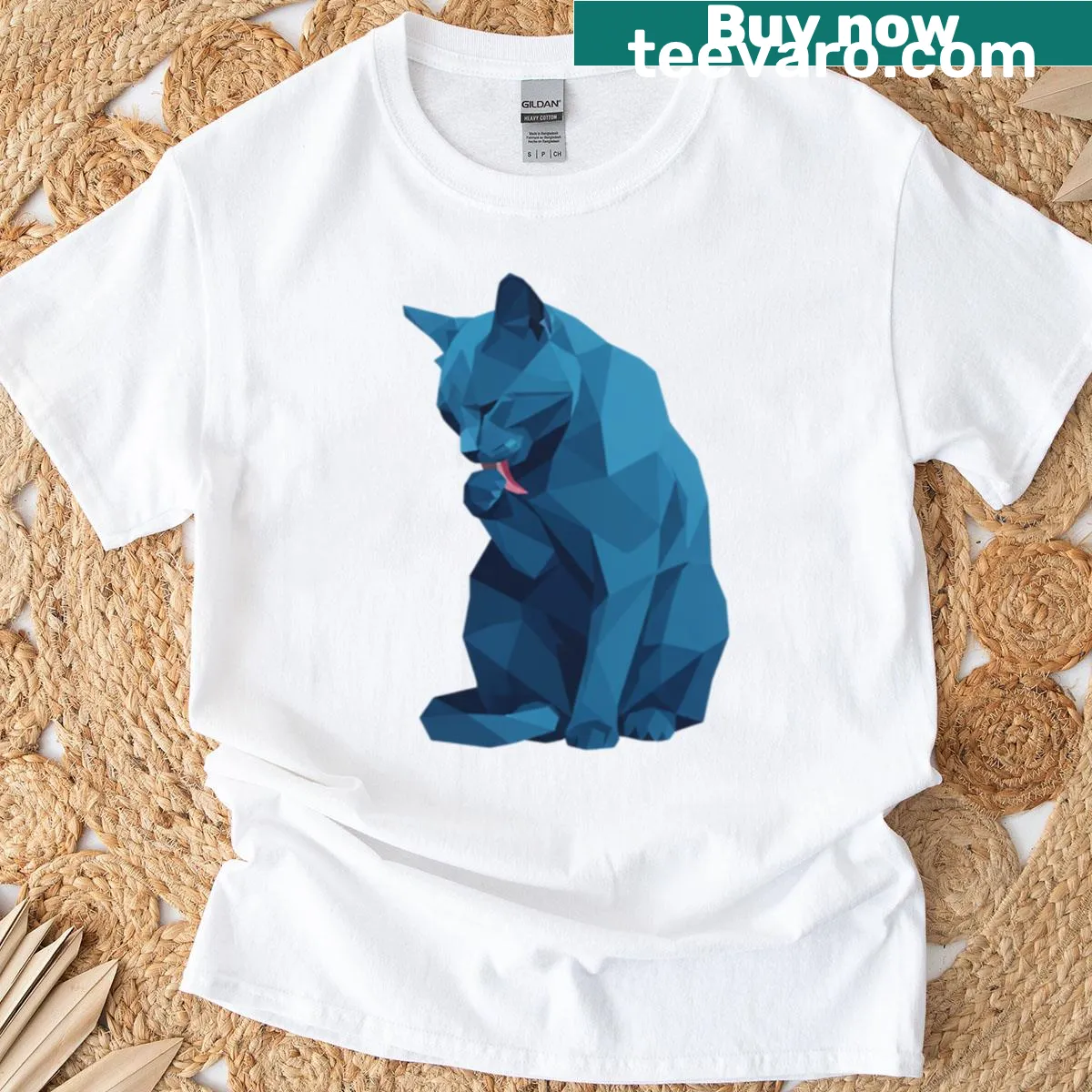 Cute geometric cat t-shirt depicting a cat grooming itself — on a men's t-shirt