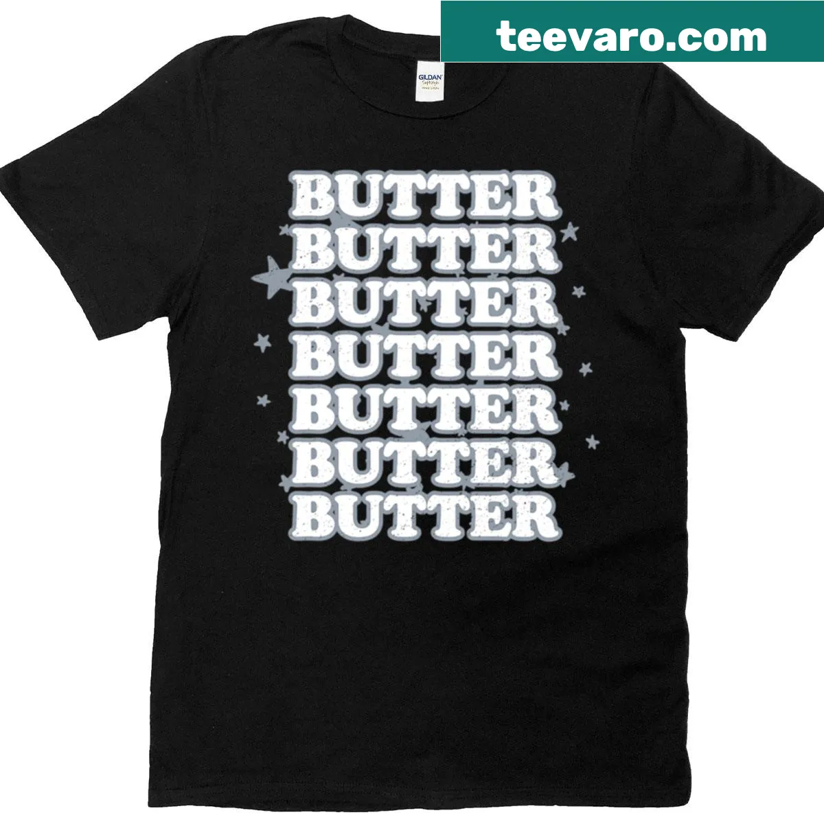 Funny t-shirt with repeated text 'Butter' — on a men's t-shirt